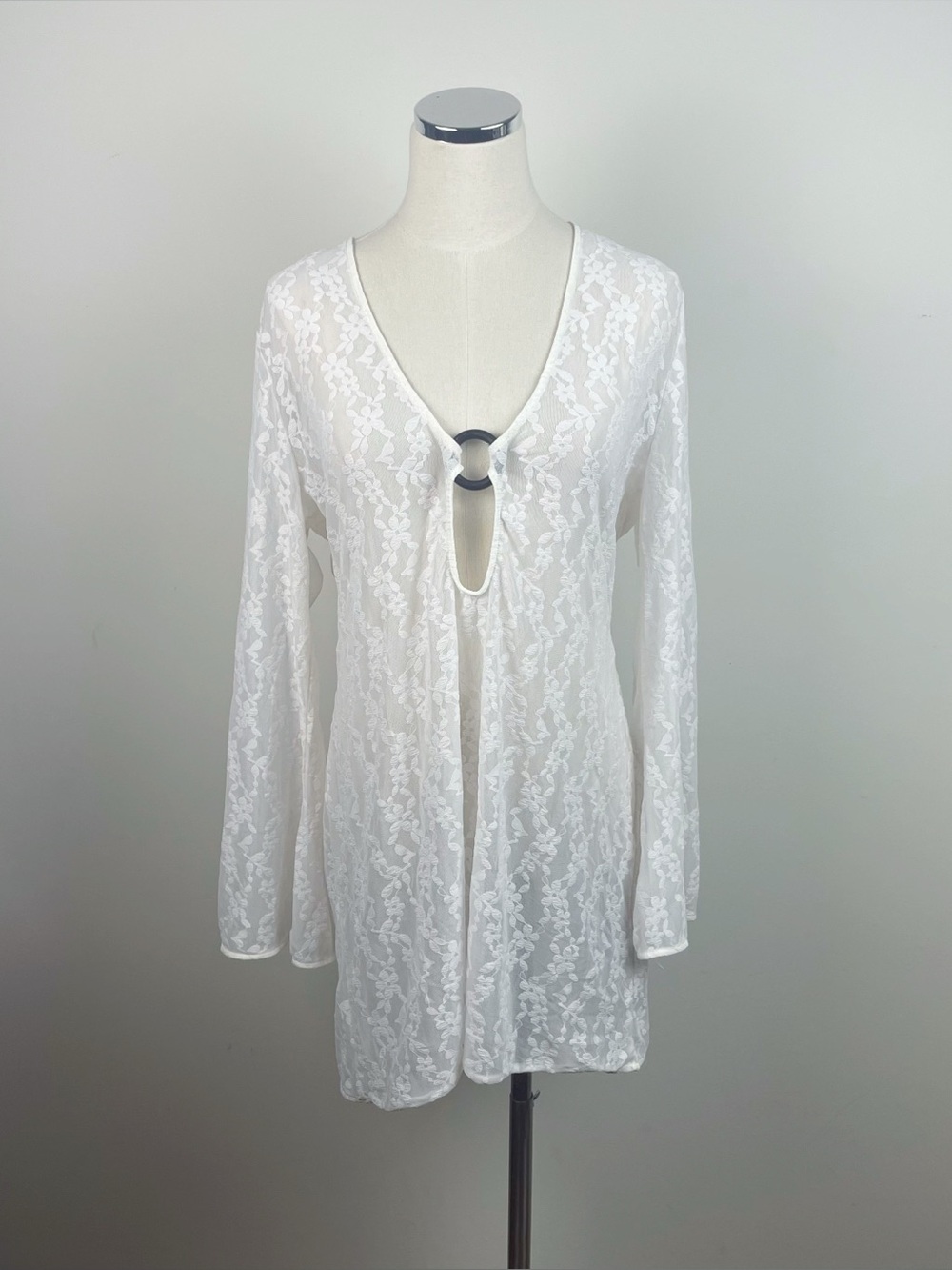 House of Harlow 1960 White Floral Sheer Long Sleeve Bell Sleeve Dress Coverup